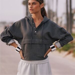 Anthropologie Daily Practice Henley Dark Gray Hooded Sweatshirt Cotton Size L